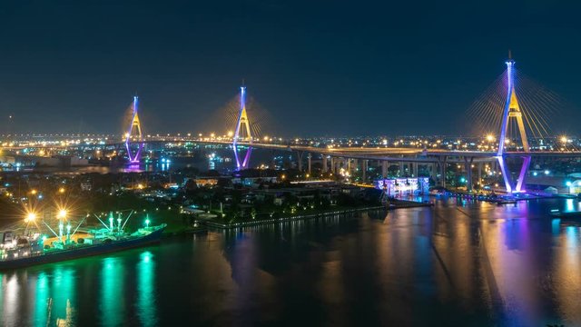 4K Time lapse of the Bhumibol Bridge or Industrial Ring Road Bridge, Traffic on road and Chao Phraya River, Bangkok Thailand. 

