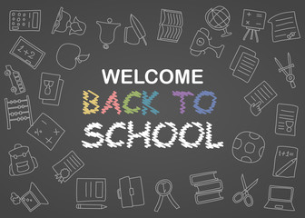 Welcome Back to School poster with doodles, good for textile fabric design, wrapping paper and website wallpapers