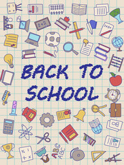 Welcome Back to School poster with doodles, good for textile fabric design, wrapping paper and website wallpapers