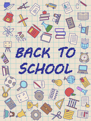 Welcome Back to School poster with doodles, good for textile fabric design, wrapping paper and website wallpapers
