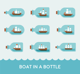 various kind of boat in a bottle flat design style vector graphic illustration set