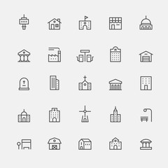 various kind of buildings outline icons flat design style vector graphic illustration set