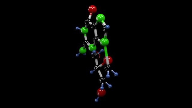 Ganciclovir molecule Molecular structure of ganciclovir, inhibitor of the herpes virus family and cytomegalovirus. Alpha channel.