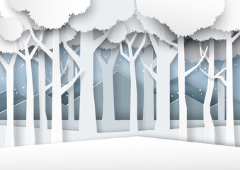 Snow and winter season forest silhouette background paper art style for merry christmas and happy new year.Vector illustration.