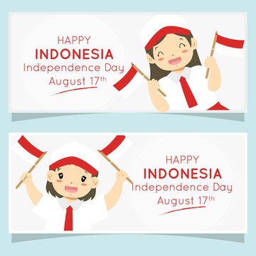 Indonesia Independence Day Celebration Banner Design, Cartoon Vector. Indonesian Students In School Uniform Holding Indonesian Flags. Printable Banner Vector