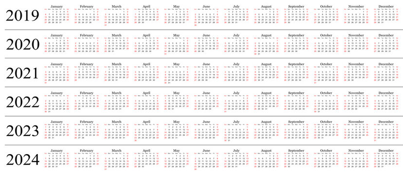 Six year calendar - 2019, 2020, 2021, 2022, 2023 and 2024 in white background.
