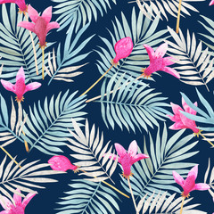 Seamless watercolor pattern with tropical leaves, beautiful hibiscus flowers