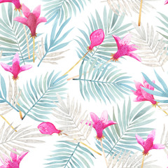 Seamless watercolor pattern with tropical leaves, beautiful hibiscus flowers