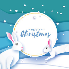 White rabbit. Little bunny in paper cut style., Happy New Year and Merry Christmas. Origami Blue landscape. Winter holidays. circle frame for text and snowflake. Blue.