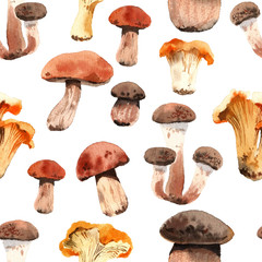 Watercolor pattern with bright autumn edible mushrooms.