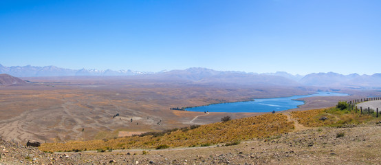 Panorama Lake Alexandrina next to Lake Tekapo, seen from Mount John.