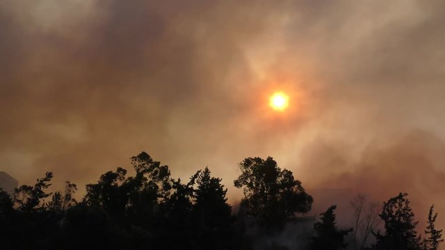 Grim, depressing and worrying red sun and smoke during fire.