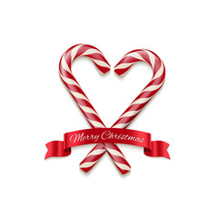 Merry Christmas design element. Vector candy canes in a heart shape and ribbon with a Merry Christmas text.