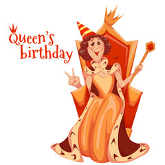 Queen birthday celebration. Queen sit on gold throne. Vector illustration.