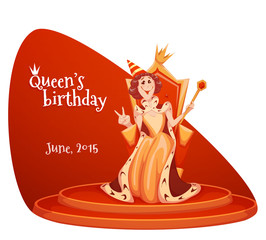 Queen birthday celebration. Queen sit on gold throne. Vector illustration.