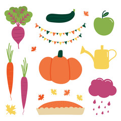 Set, collection of autumn, fall icons. Vector food, fruits and vegetables, leaves, weather symbols and everyday things.