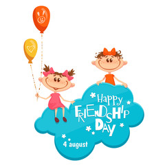 Banner with Friendship Day title, children, cloud, balloons and flowers. Vector illustration.