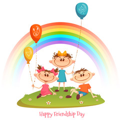 Obraz na płótnie Canvas Poster with Friendship Day title and children, rainbow, flower and balloons. Vector illustration.