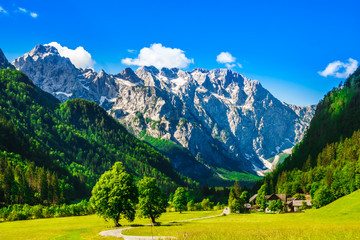 View on mountains by Logar Valley in the slovenian Alps - obrazy, fototapety, plakaty