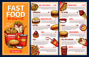 Fast food menu with takeaway lunch meal and drinks