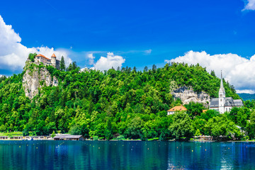 View on castle and mountains of lake Bled in Slovenia