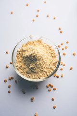Besan, Gram or chickpea flour or powder is a pulse flour made from a variety of ground chickpea known as Bengal gram. popular ingredient for Pakora/pakoda or bajji snack. Selective focus