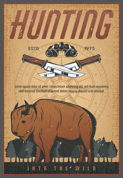 Hunting sport vintage banner with bison animal