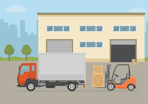 Warehouse building, truck and Forklift truck on city background. Warehouse Equipment, cargo delivery, storage service. Flat style vector illustration.
