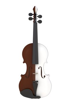 Close up of classical brown white violin isolated on white background, String instrument, 3d rendering