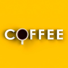 Top view of a cup of coffee in the form of letter isolated on yellow background, Coffee concept illustration, 3d rendering