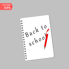 Back to school text on notebook page with a pen. Vector illustration eps10