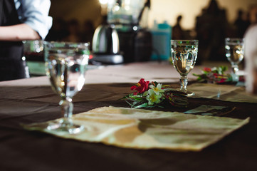 beautiful glass glasses with water, decorative serve on coffee tasting