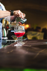 championship among coffee houses, members of teams show barista's skill, prepare drinks, teamwork