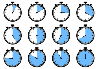 Set of timer icons. Black and blue colors. Vector illustration