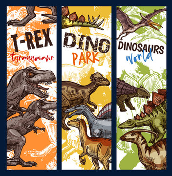 Dinosaur park banner with jurassic animal sketch