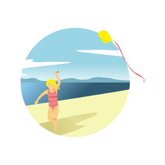 Playing Kite at Beach Summer Activity Scenery Illustration Design