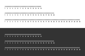Set of wooden rulers 15, 20 and 30 centimeters with shadows isolated on white. Measuring tool. School supplies