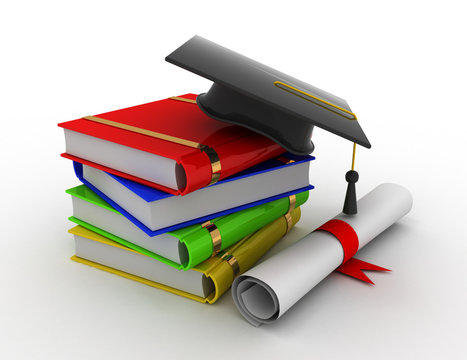 Graduation. Mortarboard, diploma and books . 3d rendered illustration