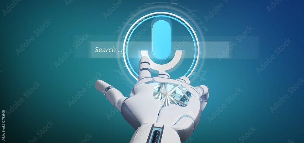 Poster cyborg hand holding a ocal search system with button and icon 3d rendering