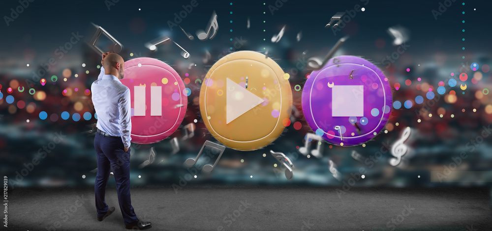 Poster Man holding a Music button and notes playing  3d rendering