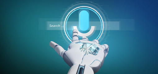 Cyborg hand holding a ocal search system with button and icon 3d rendering