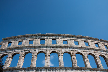 Pula, Croatia - July 31, 2018: View of the Pula amphitheatre.