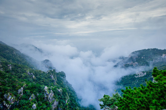 on top of Lushan National Park, the world heritage in China with the best view landscape of fog, cloud, hill and sky 