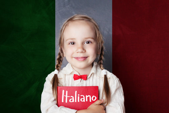 Child student learning italian language against flag of Italy