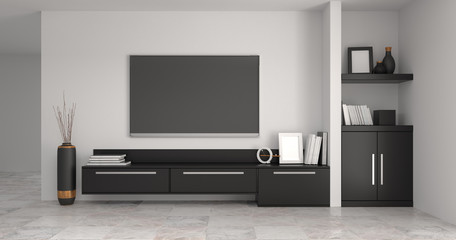 modern Tv black cabinet in empty room interior designs background  3d rendering home have furniture,background shelves and books on the desk in front of  wall empty clean wall