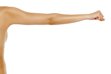 whole female arm and fist on white background