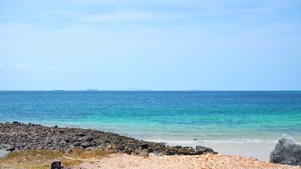 Beautiful tropical sea with mountain, blue sky and cloud at Koh Sichang in Thailand,  Space for text in template, Travel concept, Many tourists visit here, View for seascape