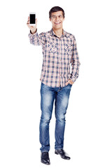Man showing phone full body