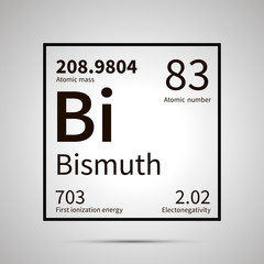 Bismuth chemical element with first ionization energy, atomic mass and electronegativity values ,simple black icon with shadow