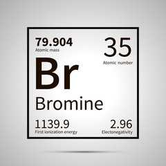 Bromine chemical element with first ionization energy, atomic mass and electronegativity values ,simple black icon with shadow